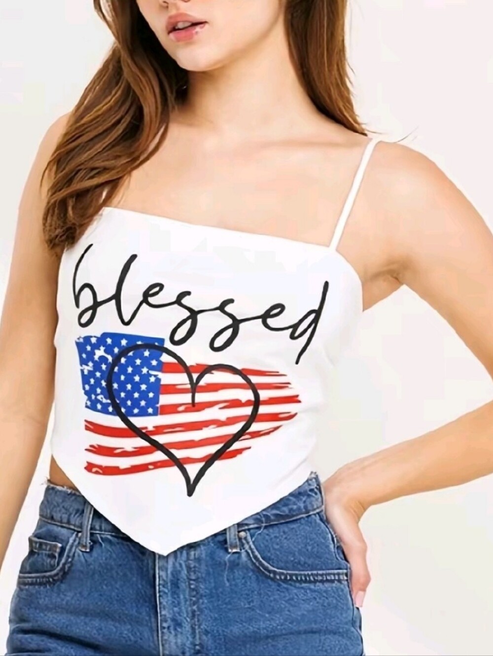 White "Blessed" Americana Heart Handkerchief Cami